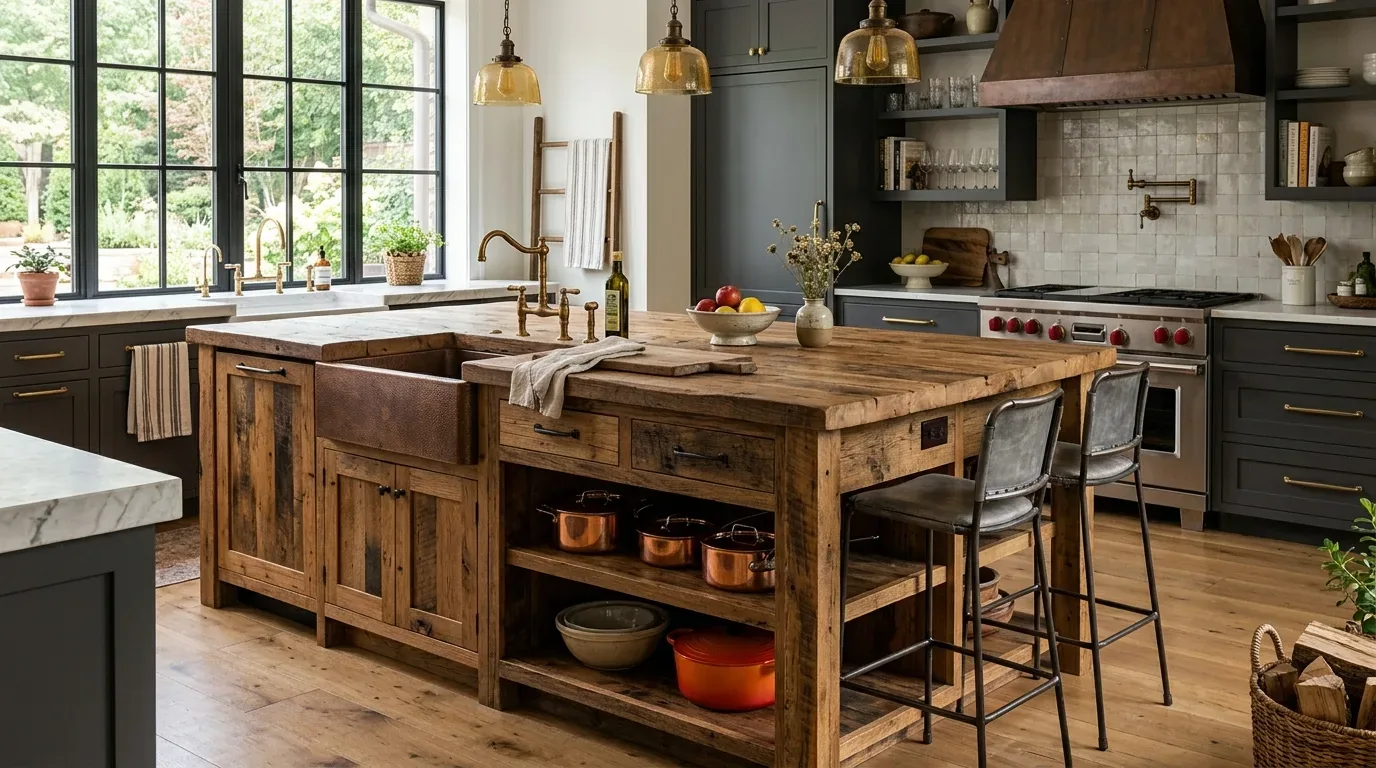 A rustic kitchen with a large wooden island, dark cabinetry, brass fixtures, and large windows overlooking greenery
