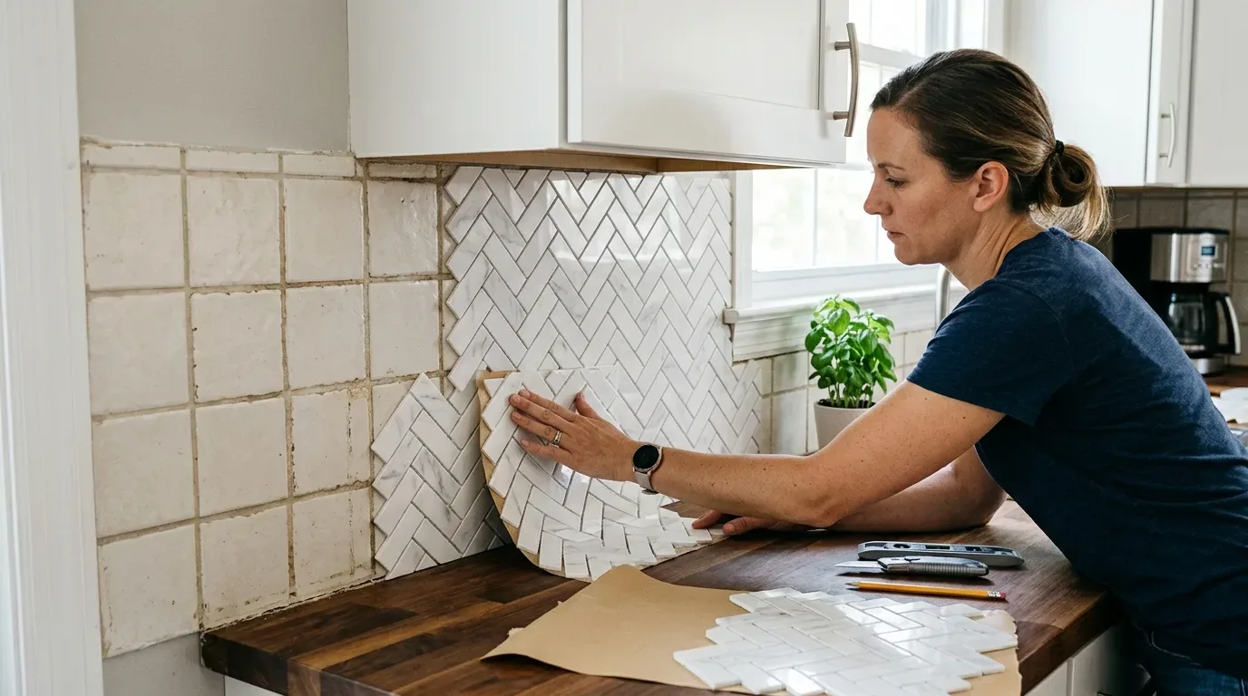 A woman is installing white herringbone pattern backsplash tiles over an old tiled kitchen wall.