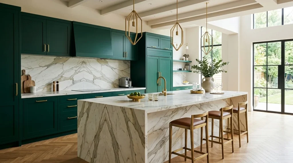 A modern kitchen with light wood cabinets, black countertops, white subway tile backsplash, and stainless steel appliances