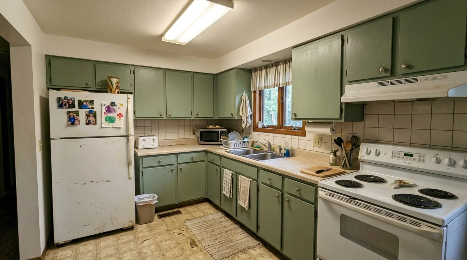 A dated pale-green kitchen with worn cabinet finish, old appliances, and fluorescent tube lighting, the kind of starting point most green-cabinet projects begin from