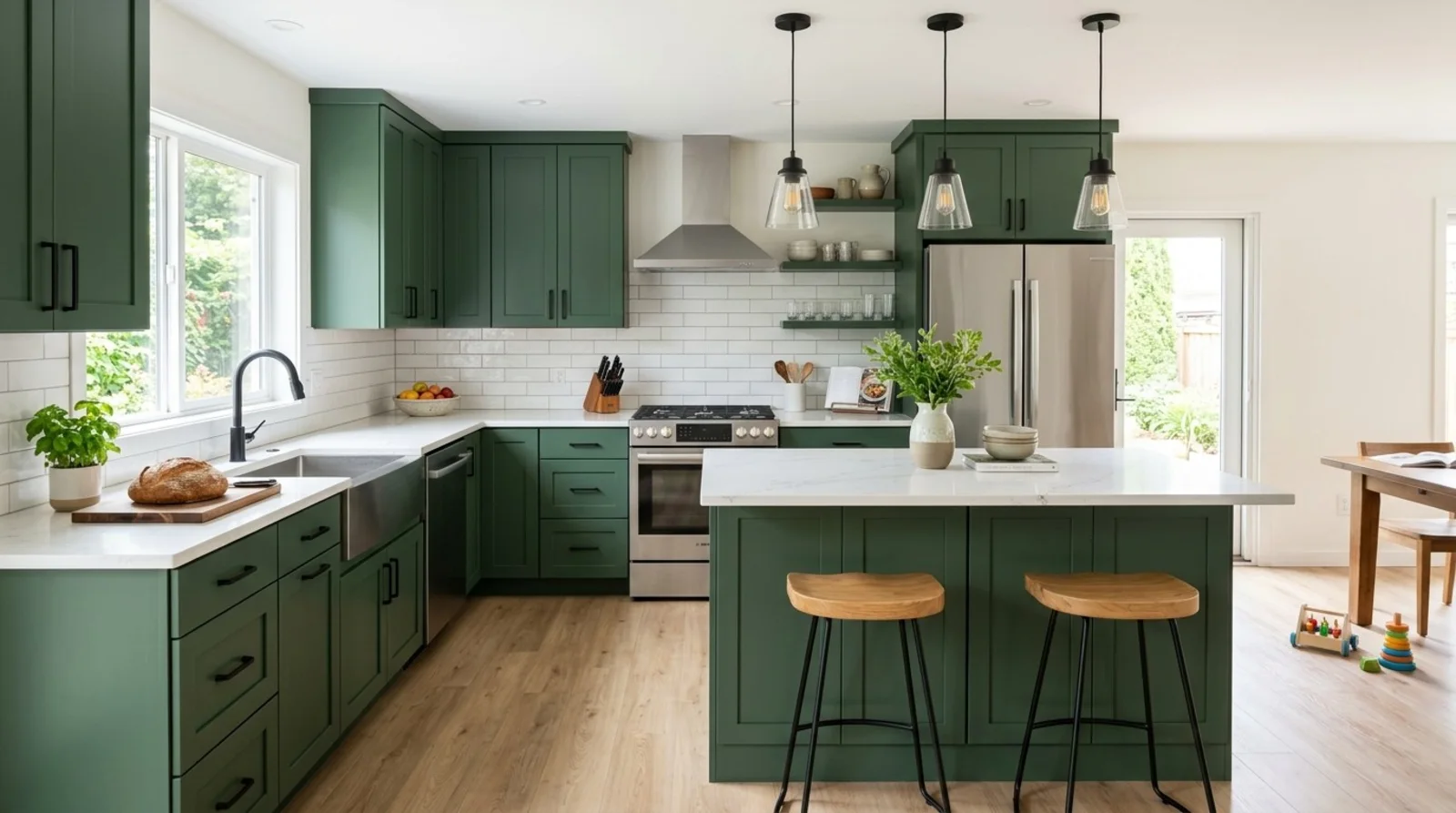 A sage-green farmhouse kitchen with subway tile, a farmhouse sink, black hardware, and a matching island