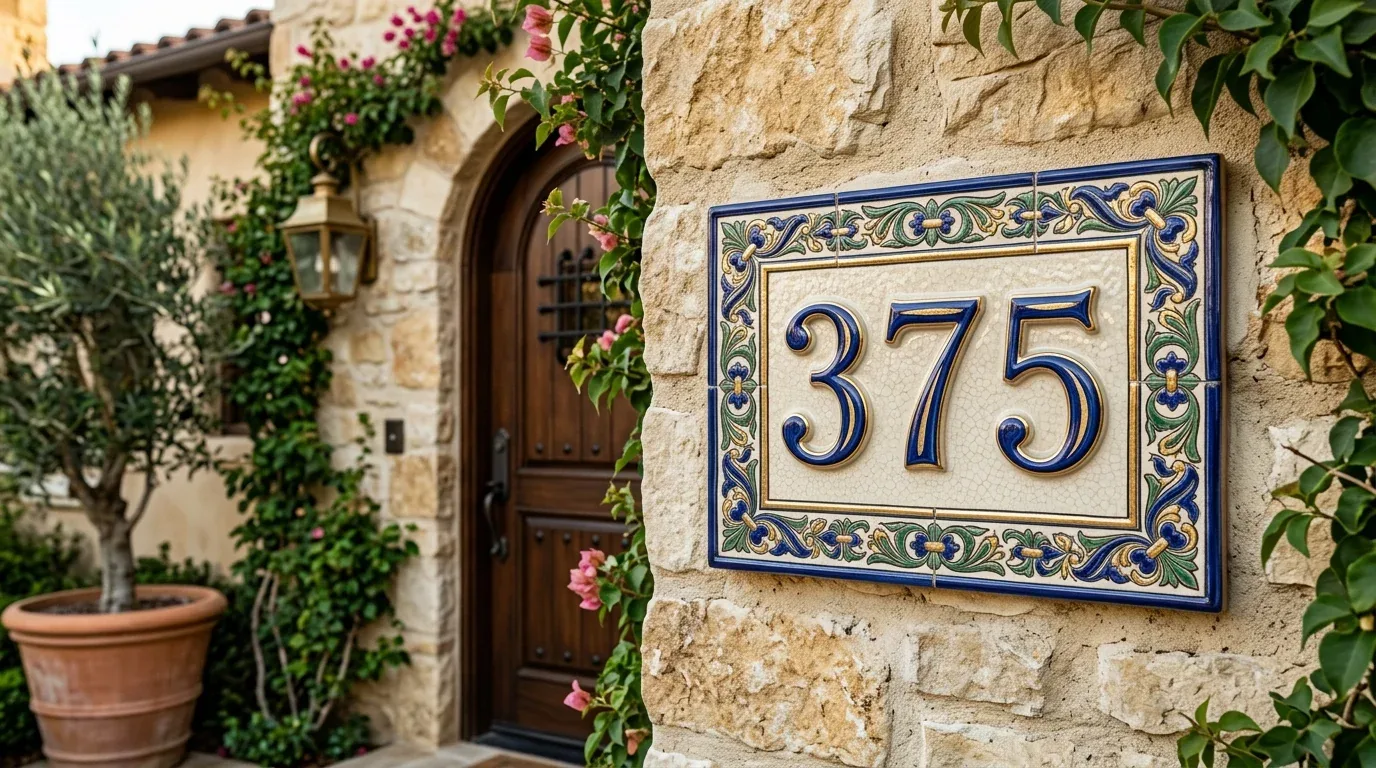 A decorative house number plaque with the number 375 mounted on a stone wall next to a wooden door surrounded by greenery and flowers