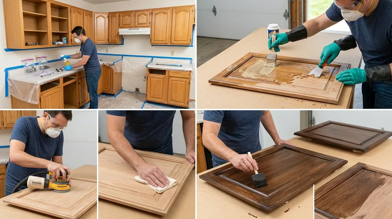 A person refinishing wooden kitchen cabinet doors by sanding, cleaning, applying wood filler, and staining