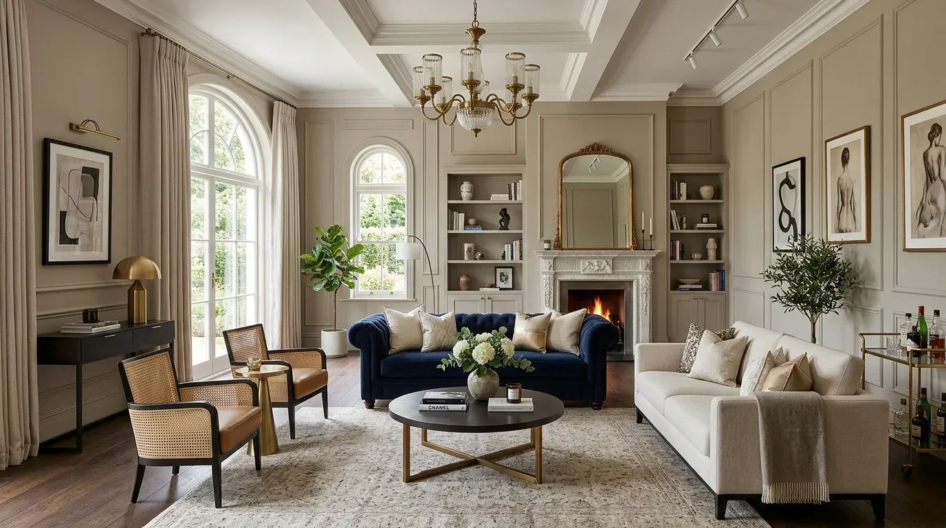 A sophisticated living room with a navy blue sofa, cream sofa, two armchairs, a round coffee table, a fireplace, and large arched windows