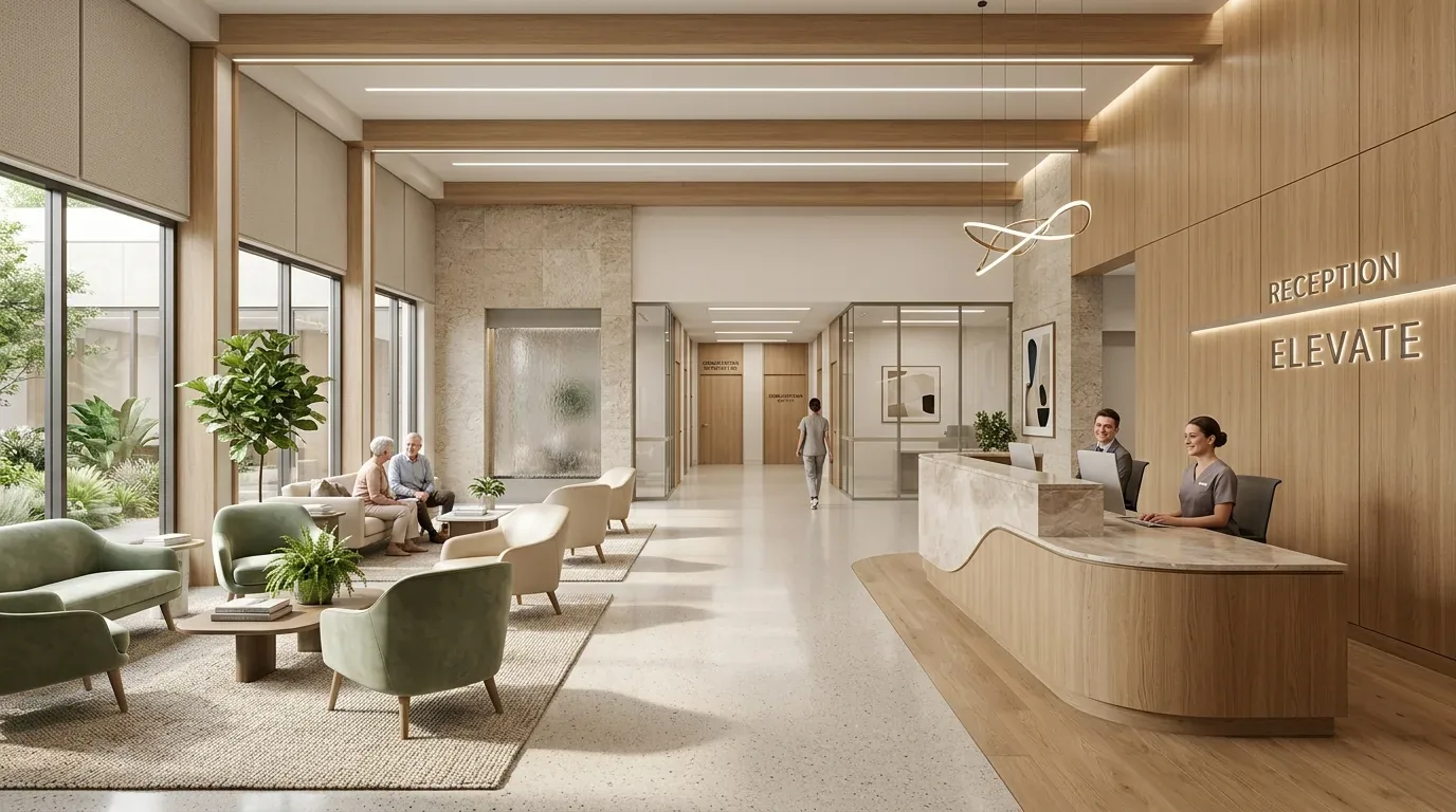 A modern reception area with a curved marble desk, wood paneling, green and beige seating, large windows, and indoor plants