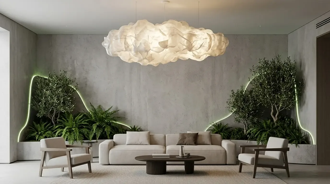 A modern living room with a beige sofa, two armchairs, a dark oval coffee table, indoor plants with backlighting, and a cloud-shaped ceiling light
