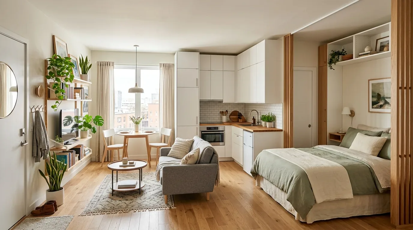 A bright, modern studio apartment featuring a small kitchen, dining area, living space, and a bed with wooden accents and green plants