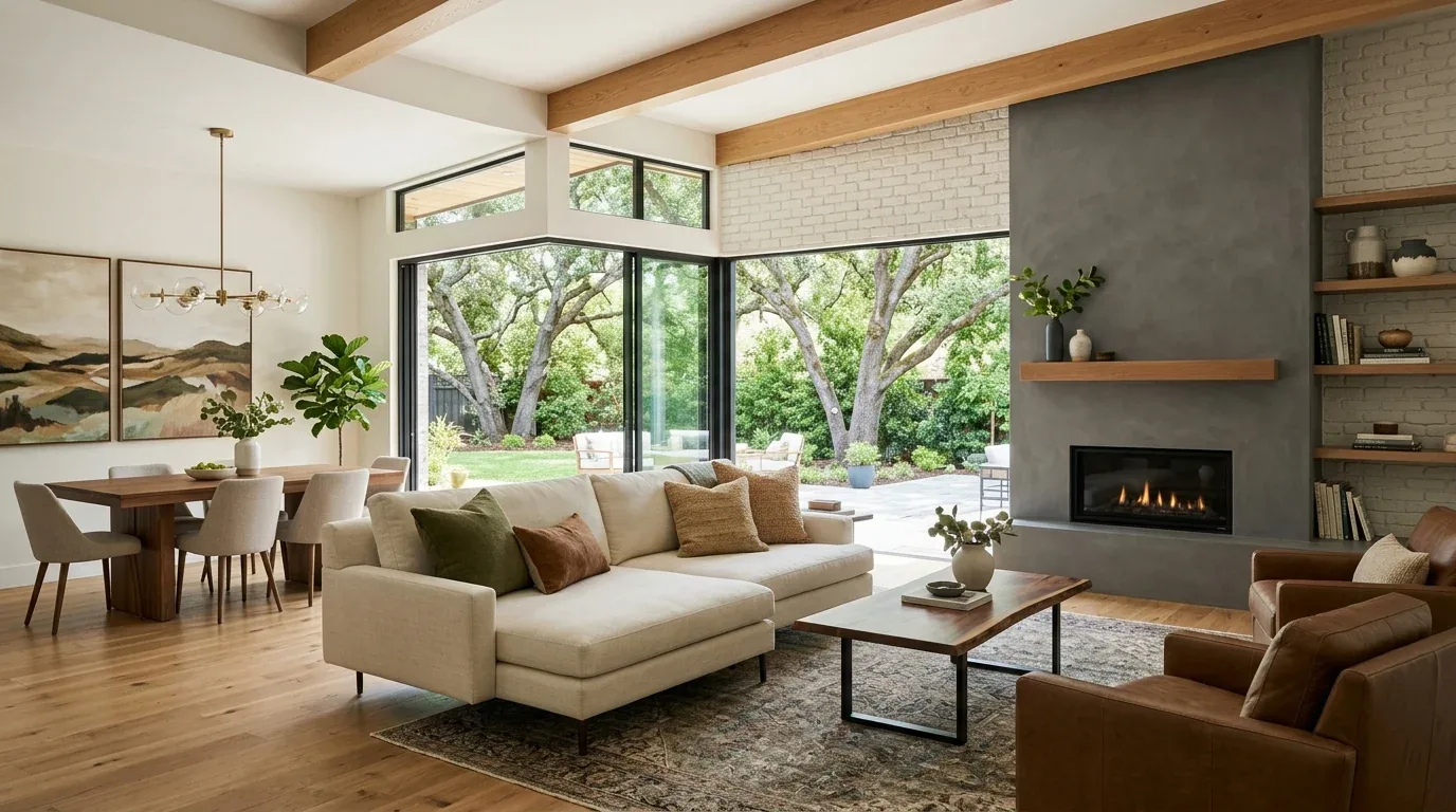 A modern open-concept living and dining room with large windows overlooking a green backyard, featuring a beige sectional sofa, leather armchairs, a wooden dining table, and a fireplace with built-in shelves