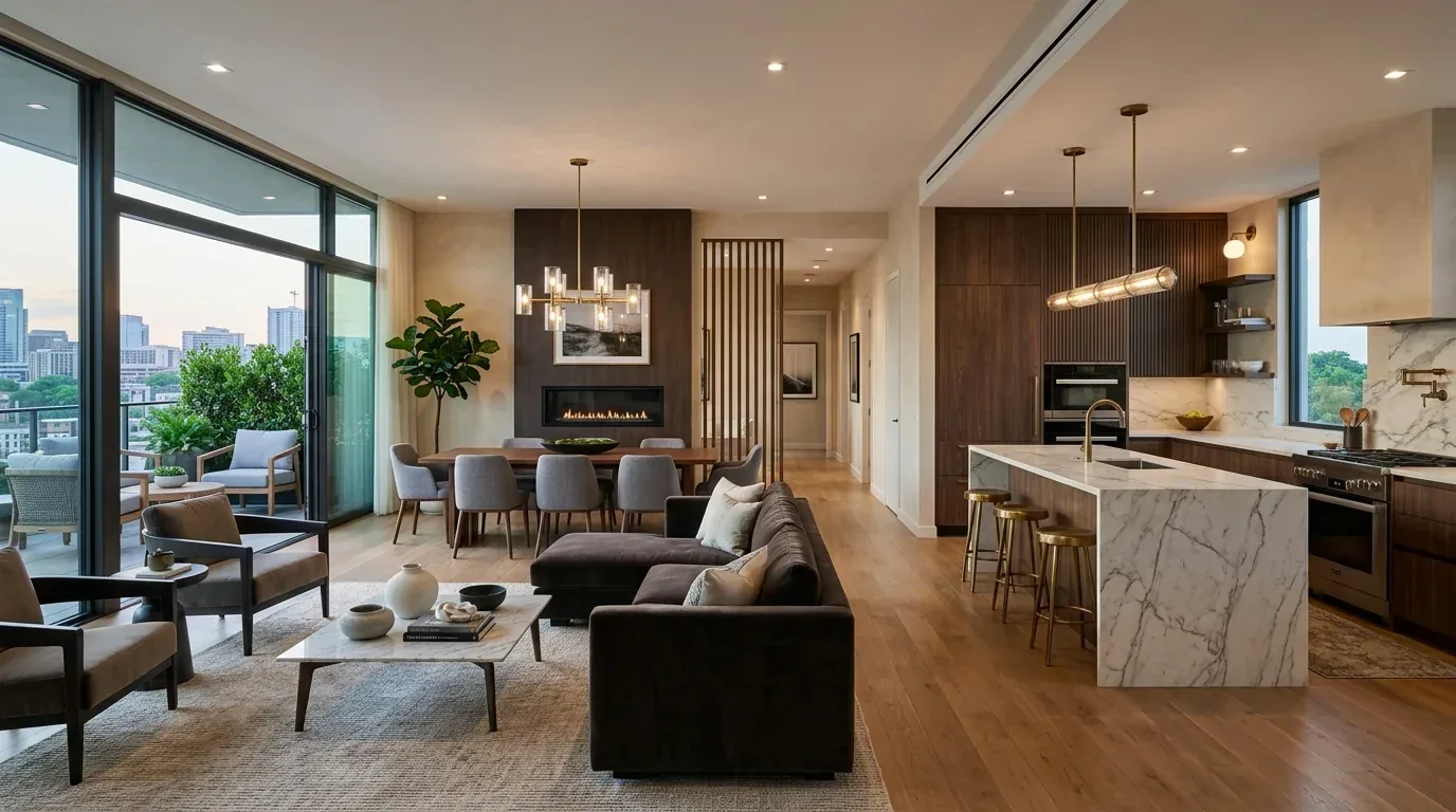 A living room with large windows and marble kitchen islands