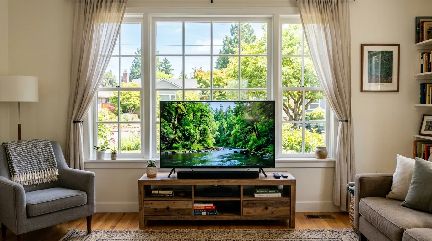 A cozy living room with a large window, a TV on a wooden stand, a gray armchair, and a beige sofa