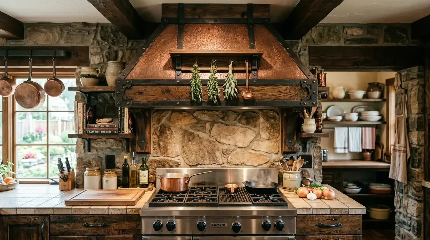 Picture a rustic kitchen: stone wall, wood beams, a copper hood, plus a stainless steel Wolf stove