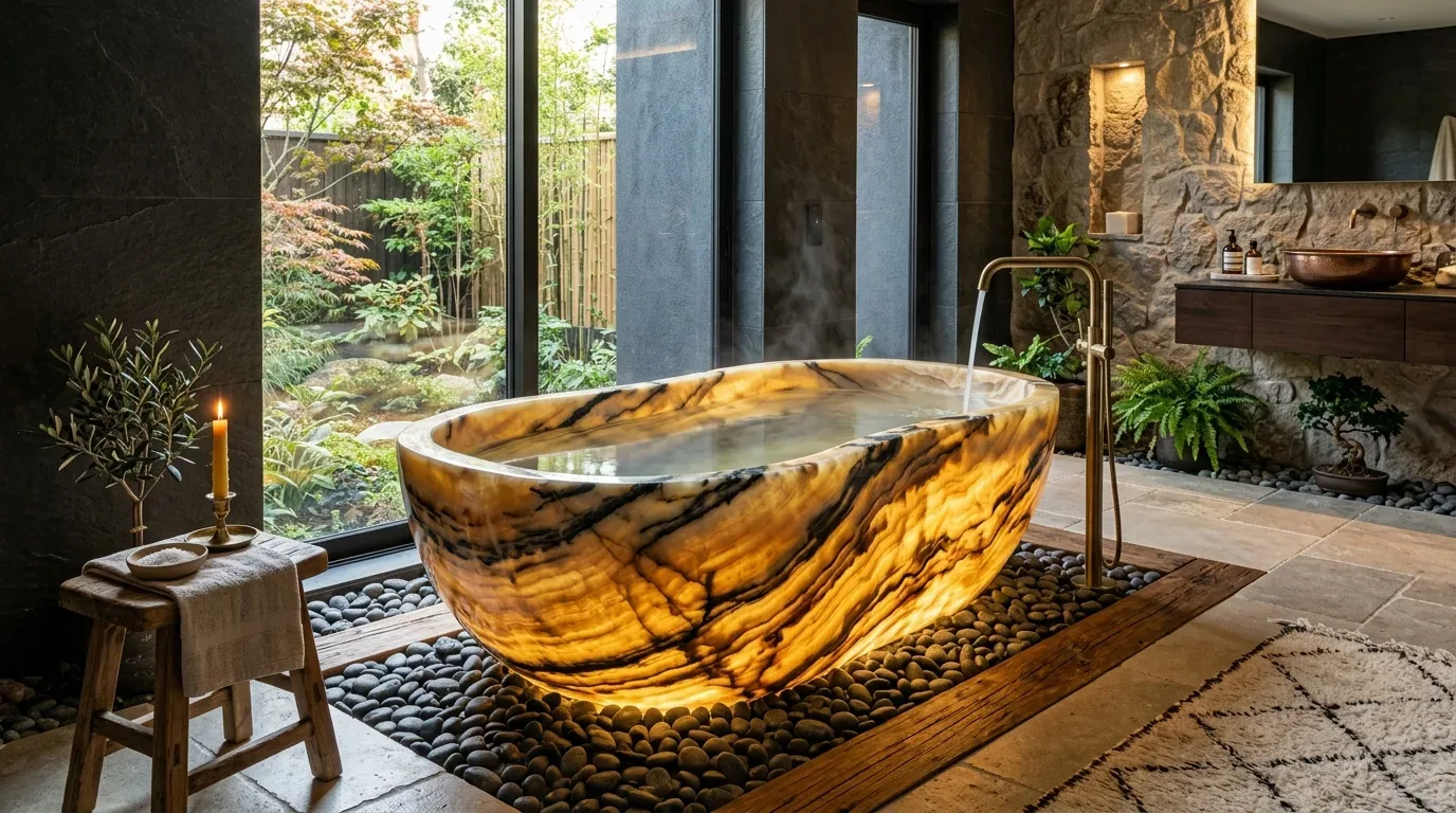 A luxurious bathroom featuring a glowing marble bathtub surrounded by river stones, with a large window overlooking a garden
