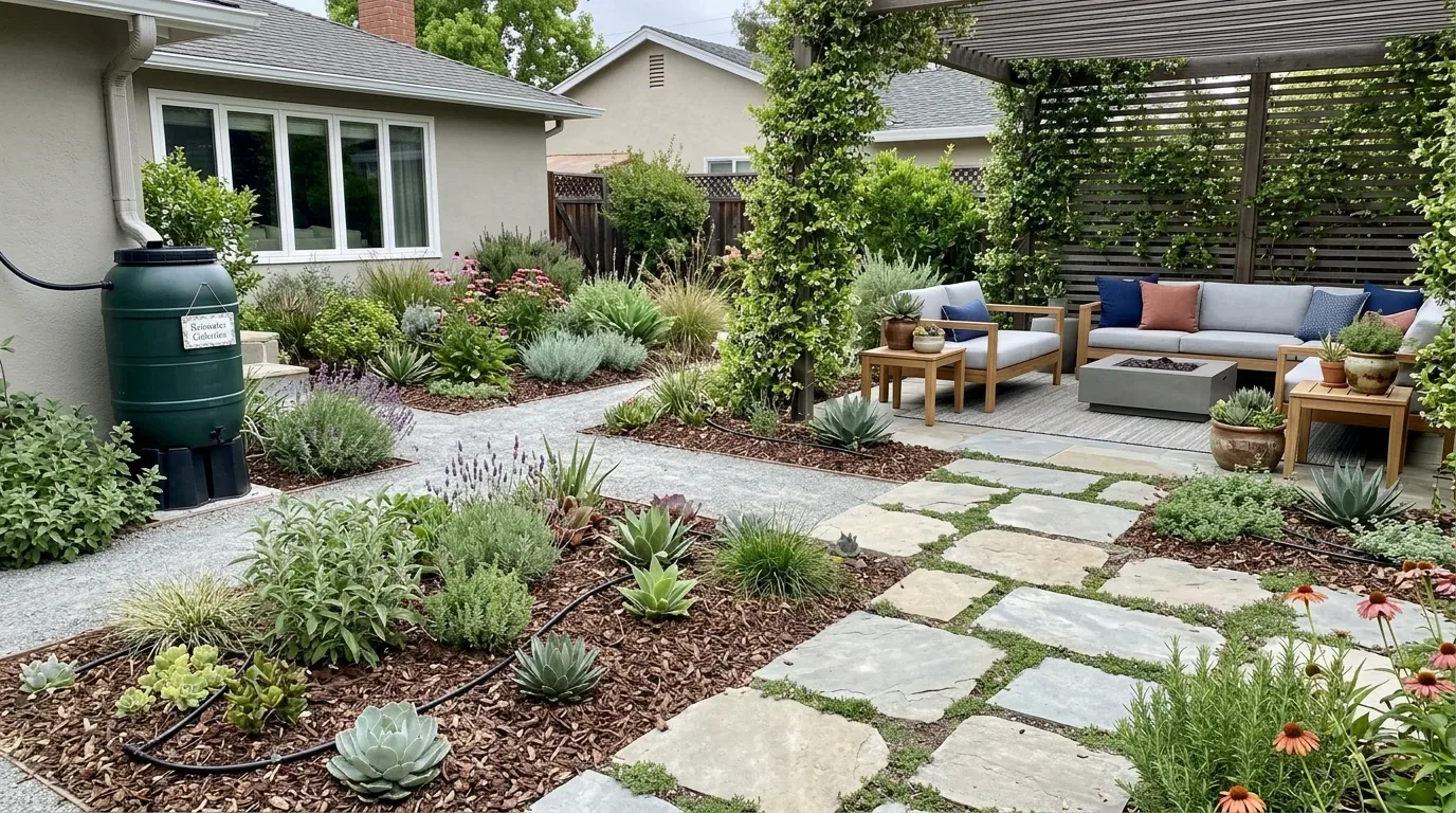 A backyard garden with a stone pathway, various plants, and a seating area under a pergola