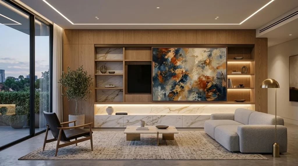 Living room media wall with a sliding art panel concealing the TV