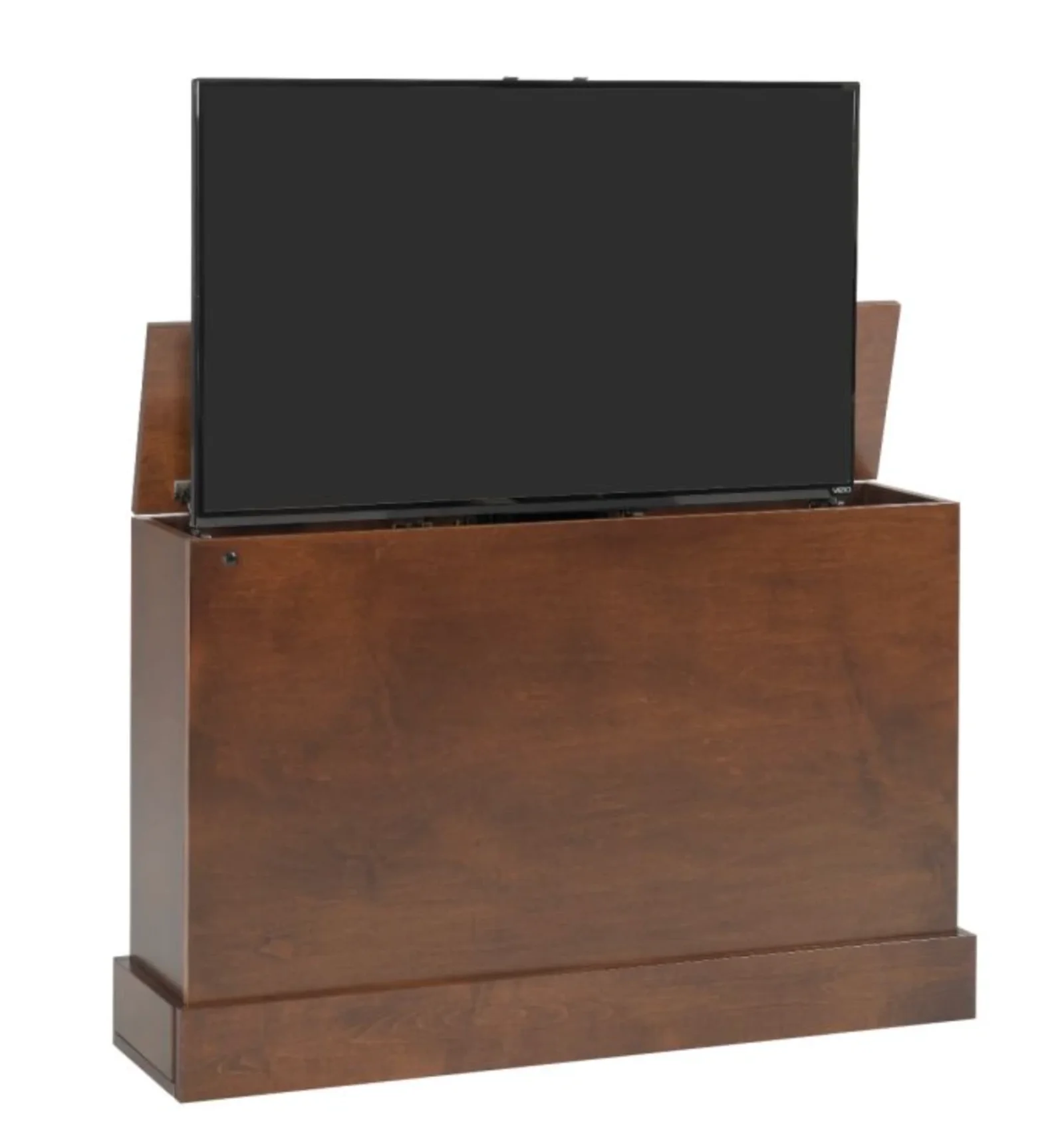Freestanding motorized TV lift cabinet in a warm brown wood finish with the flat screen raised up out of the cabinet top