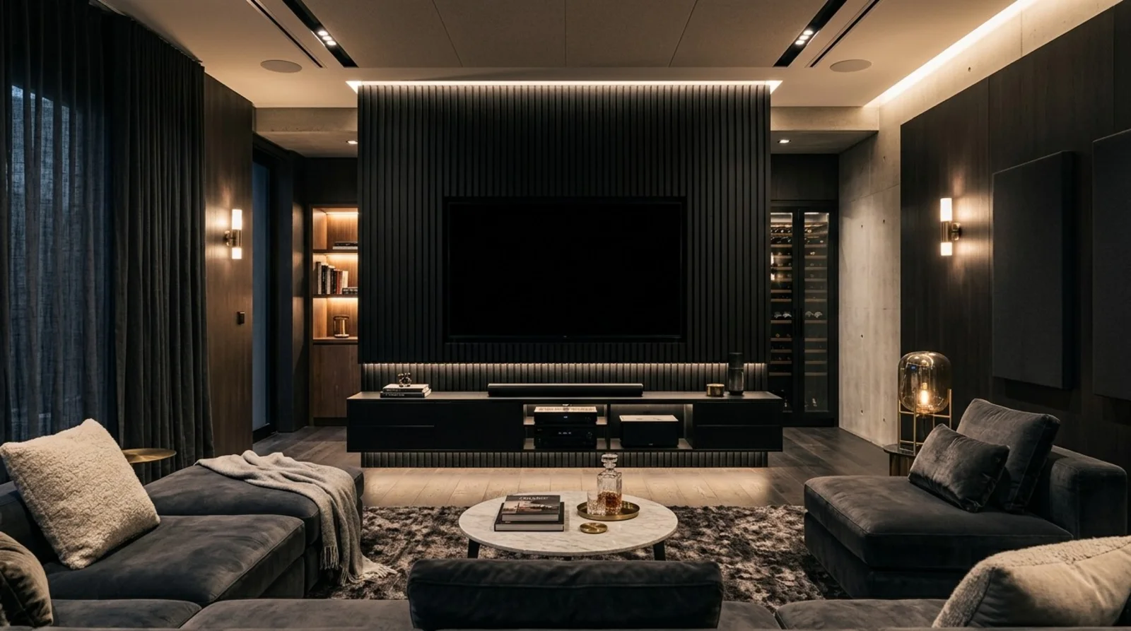 Dark home theater lounge with the TV set into a matte black slat-panel media wall above a floating black media console