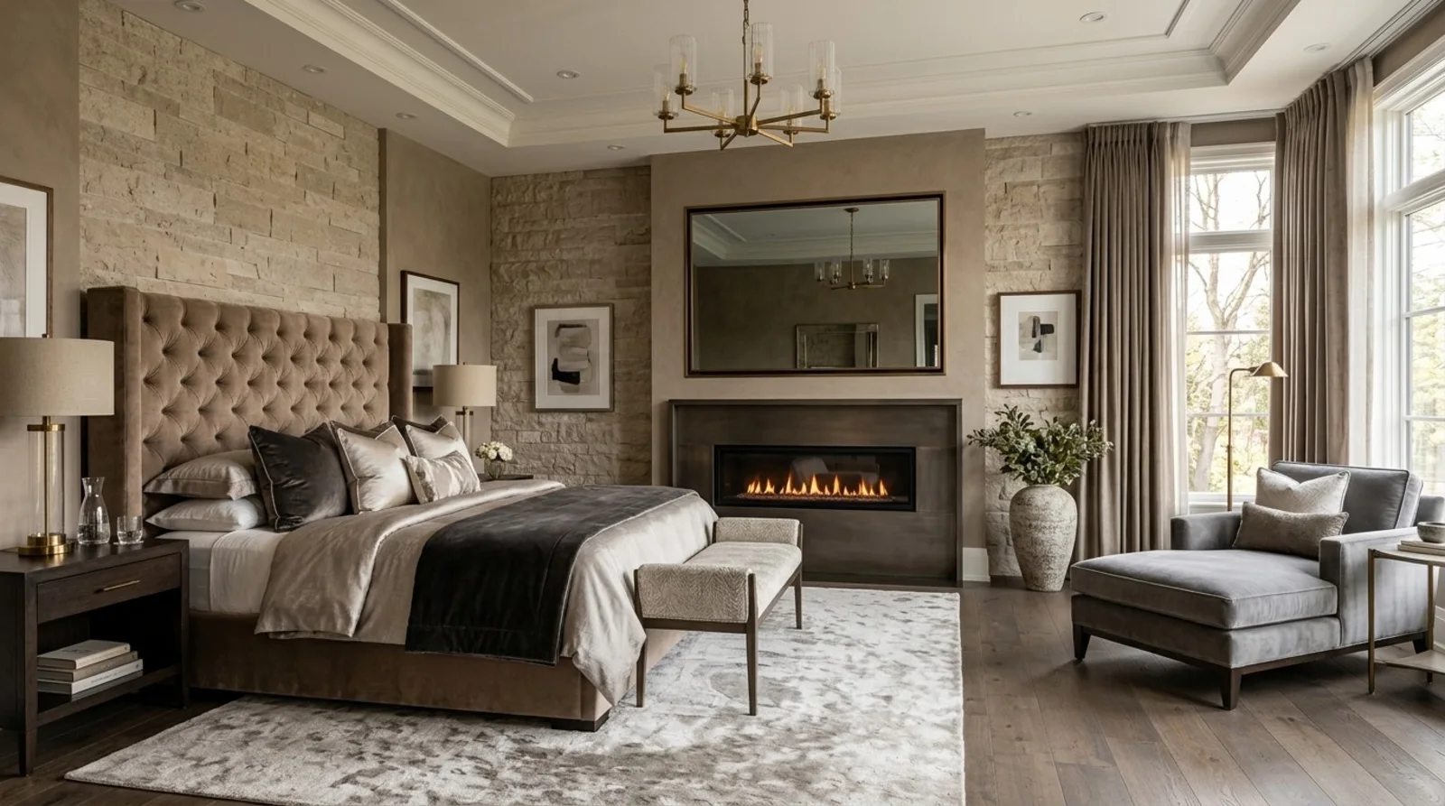 Primary bedroom with a large framed mirror mounted above a linear gas fireplace, stone accent walls, and a tufted