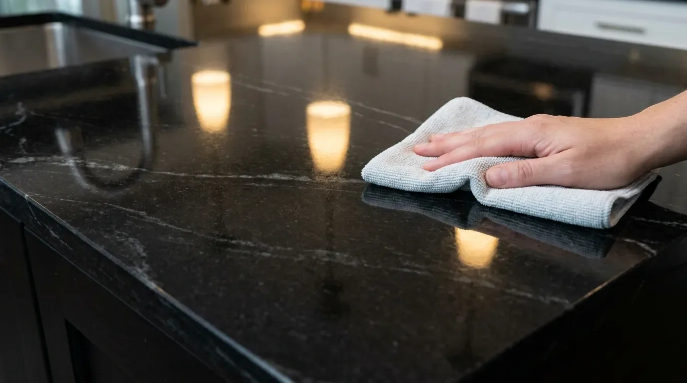 A hand cleaning a polished black marble kitchen countertop with a white cloth