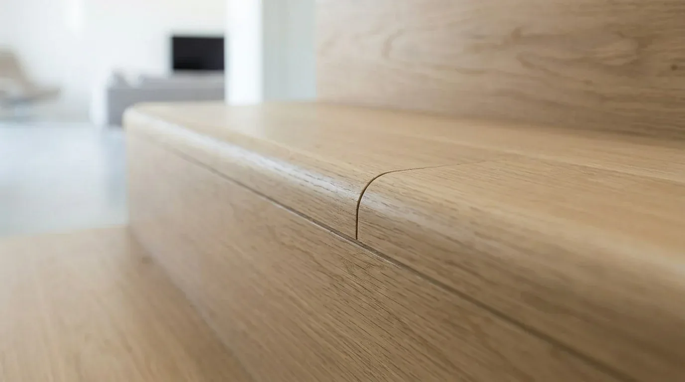 Close-up of a smooth, light wood surface with rounded edges, likely part of a modern interior furniture piece