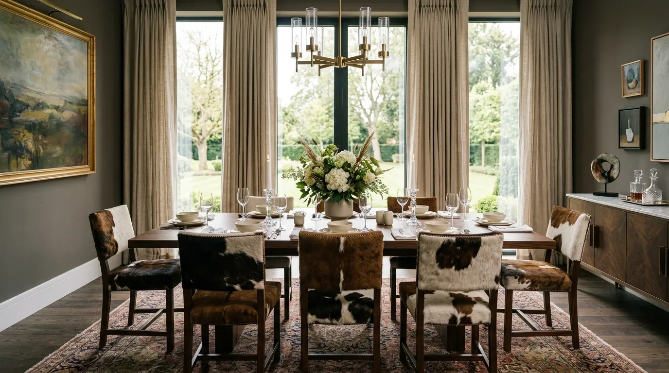 A dining room with a wooden table set for a meal, surrounded by cowhide upholstered chairs, a floral centerpiece, large windows with beige curtains, and