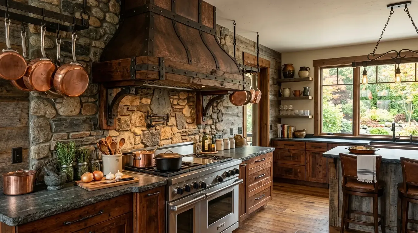 A rustic kitchen with stone walls, wooden cabinets, copper pots, and a large window overlooking a garden
