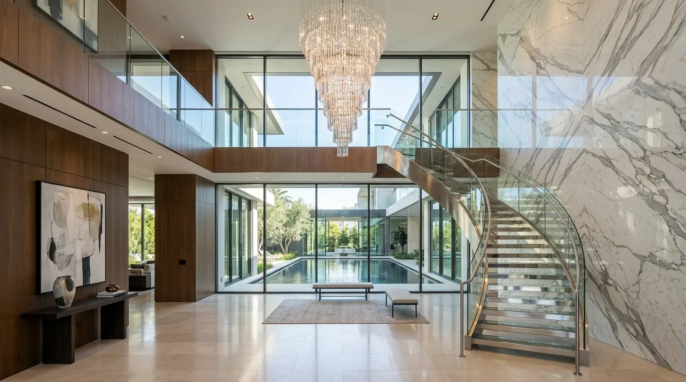 A spacious modern interior with a large chandelier, curved glass staircase, marble wall, and a view of an outdoor pool through floor-to-ceiling windows