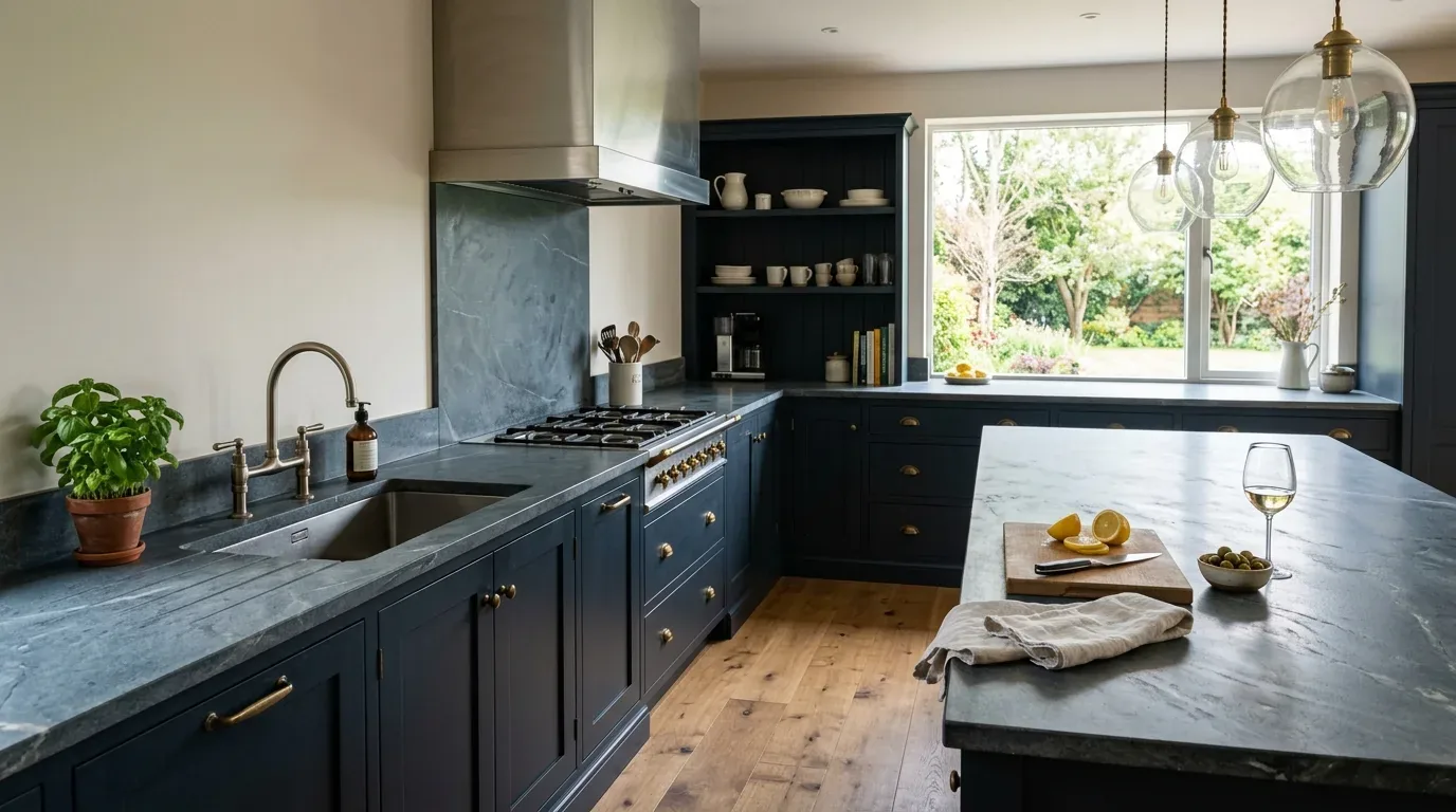 A modern kitchen with dark blue cabinetry, marble countertops, a large window overlooking a garden, and pendant lighting