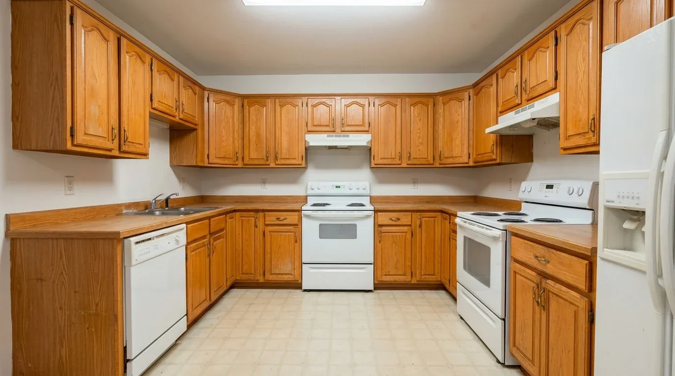 A kitchen with wooden cabinets, white appliances including two stoves, a dishwasher, and a refrigerator
