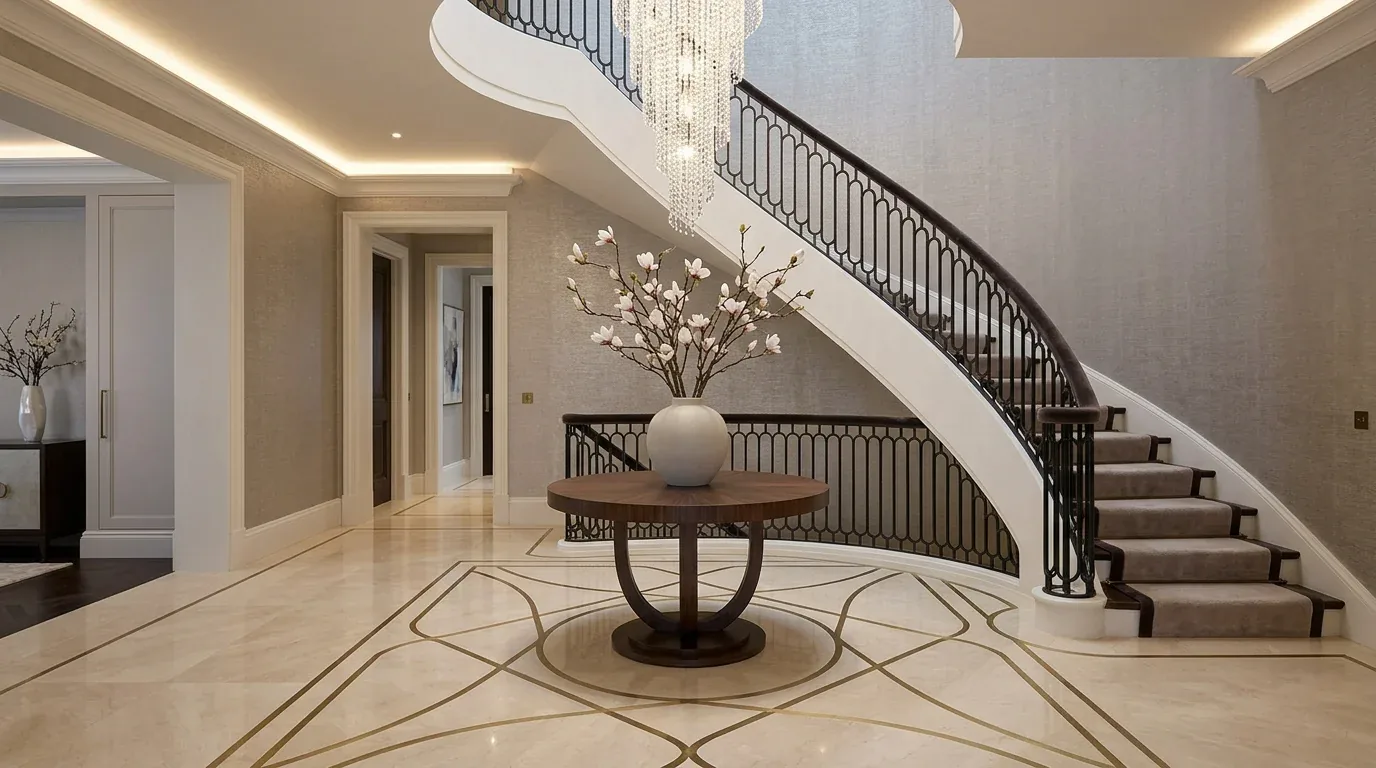 A luxurious foyer with a curved staircase, a round wooden table with a vase of flowers, and elegant marble flooring with gold inlay
