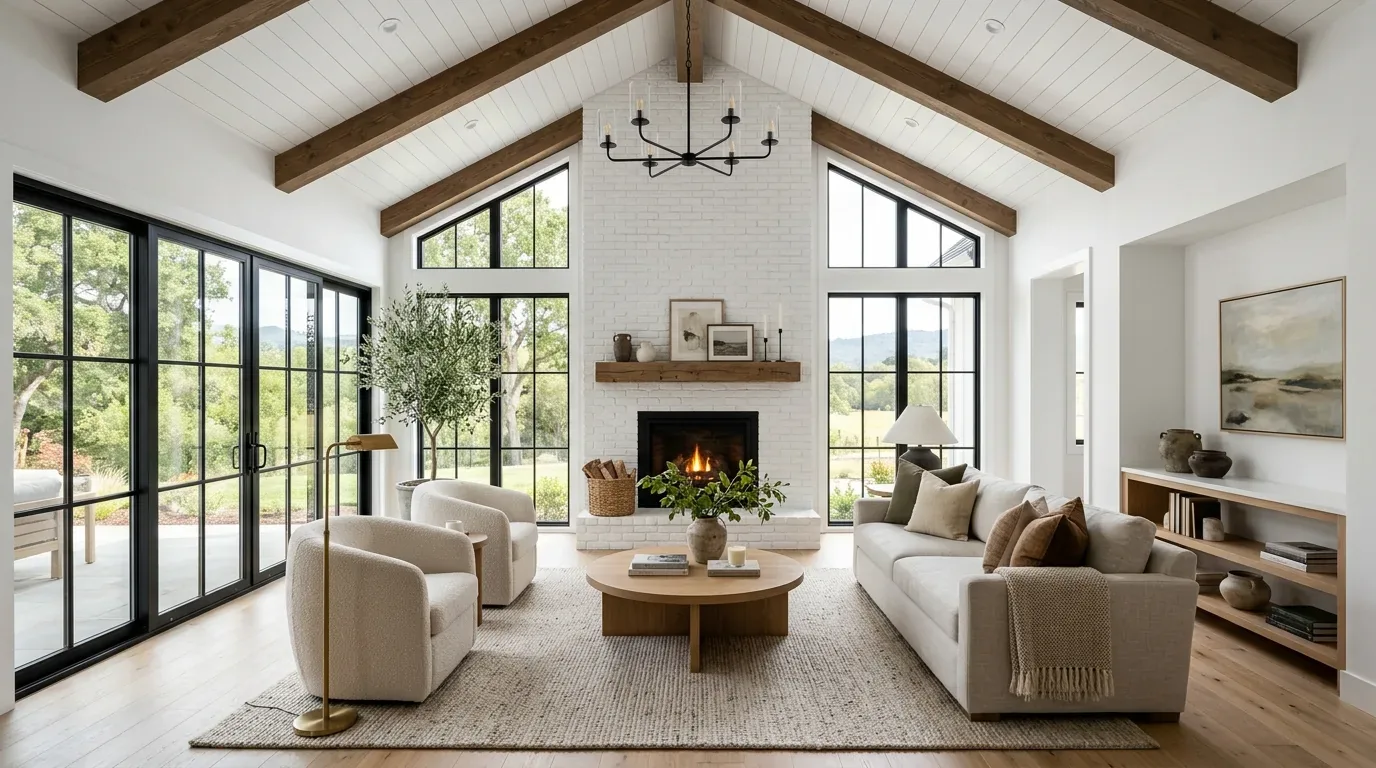 A bright living room with vaulted ceiling, exposed wooden beams, large black-framed windows, a white brick fireplace, and neutral-toned modern furniture