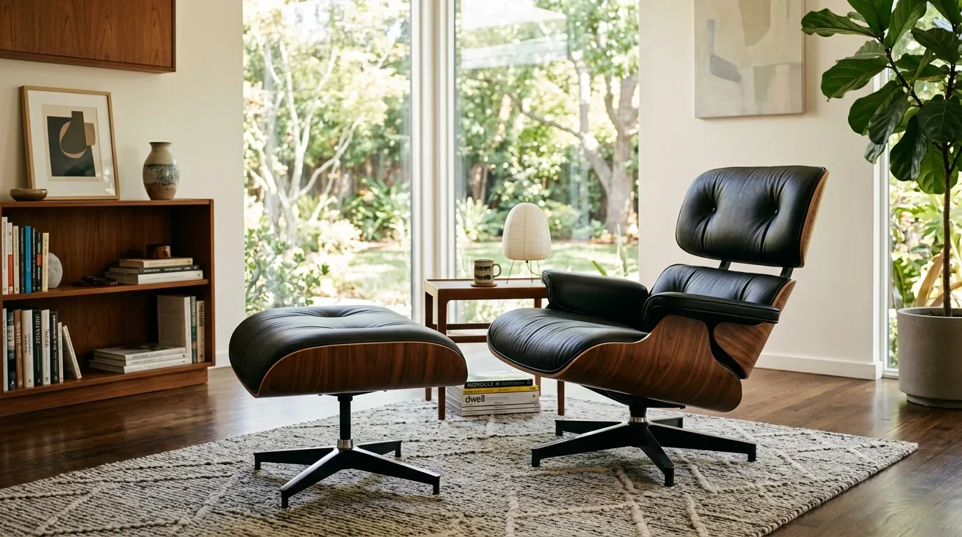A modern living room with a black leather lounge chair and ottoman, wooden bookshelf, side table, and large windows overlooking a garden
