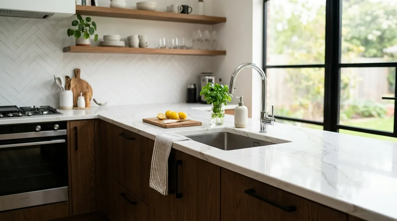 A modern kitchen with marble countertops, wooden cabinets, open shelves, and a large window overlooking a garden