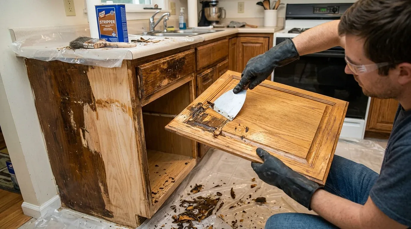 A person wearing gloves is stripping the finish off a wooden kitchen cabinet door in a kitchen