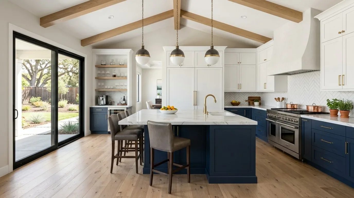 A modern kitchen with navy blue lower cabinets, white upper cabinets, a large marble island, wooden ceiling beams, and pendant lights
