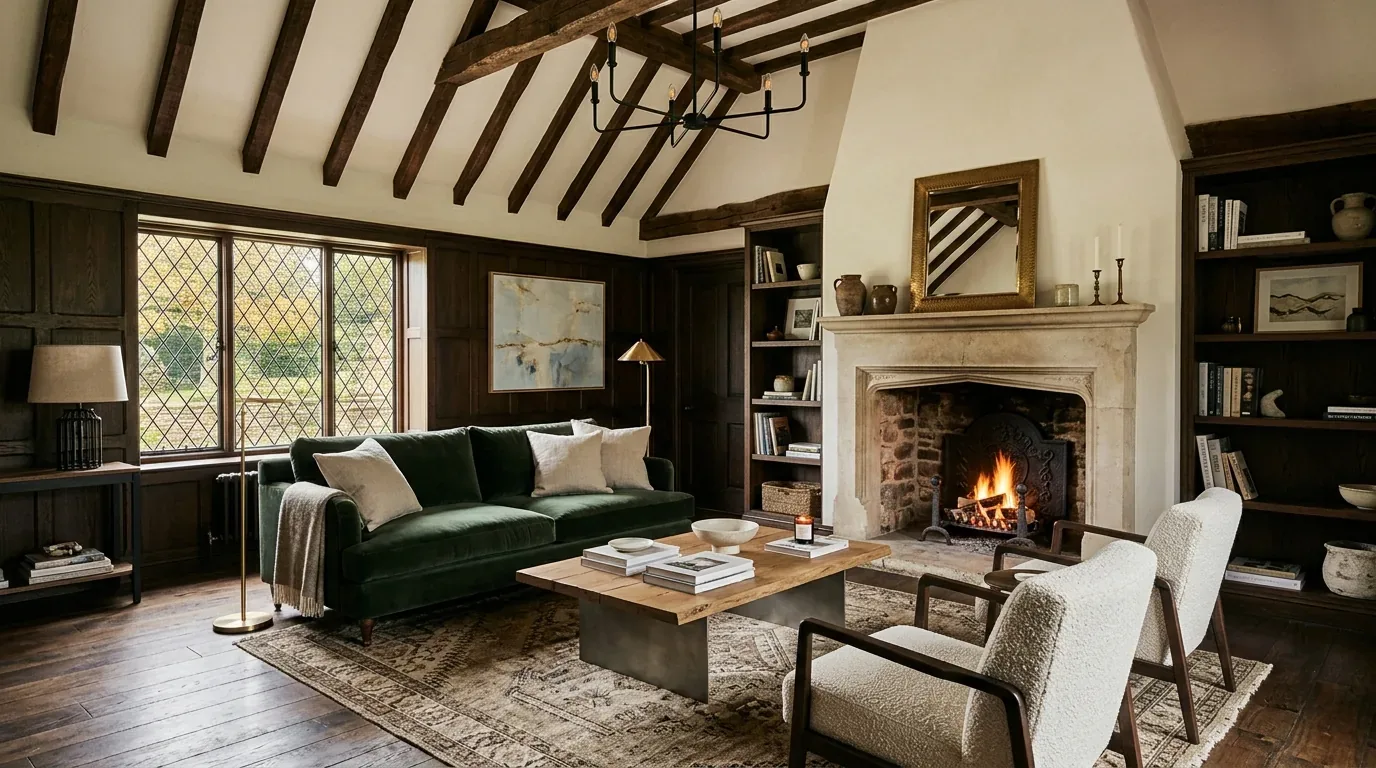 A cozy living room with exposed wooden beams, a stone fireplace, dark wood paneling, a green velvet sofa, and two white armchairs