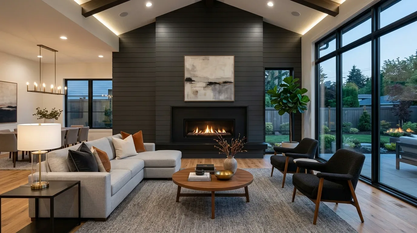 A modern living room with a gray sectional sofa, black accent chairs, a wooden coffee table, a fireplace with dark shiplap wall, and large windows