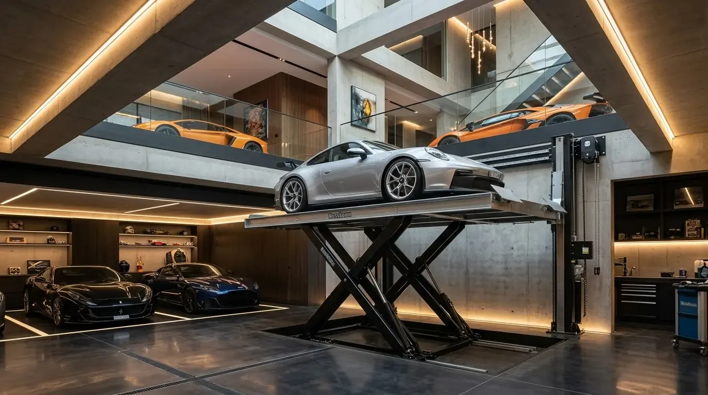 A modern luxury garage with multiple sports cars, a car lift, and sleek industrial design elements