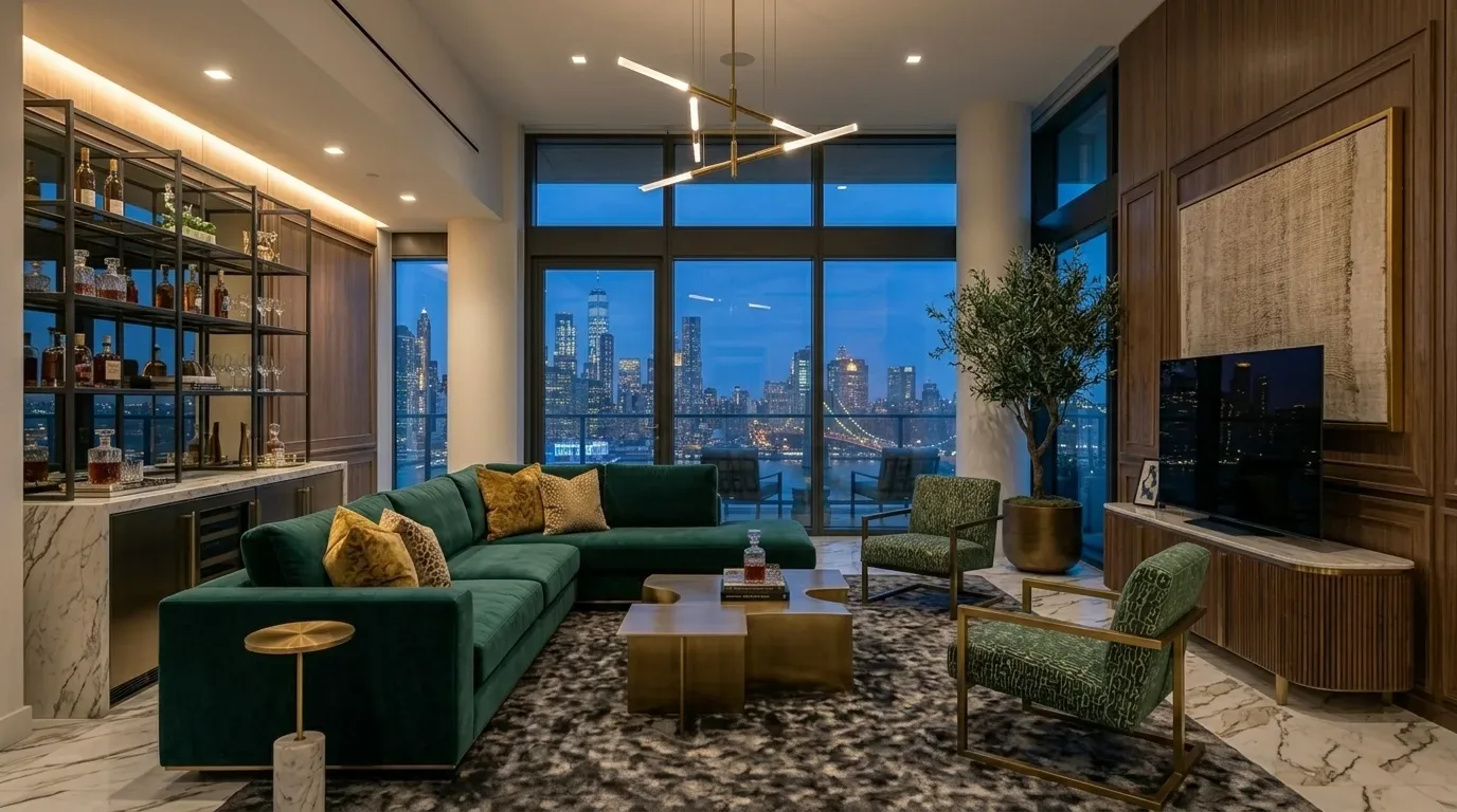 A modern living room with a green sectional sofa, gold-accented furniture, and large windows showcasing a city skyline at dusk