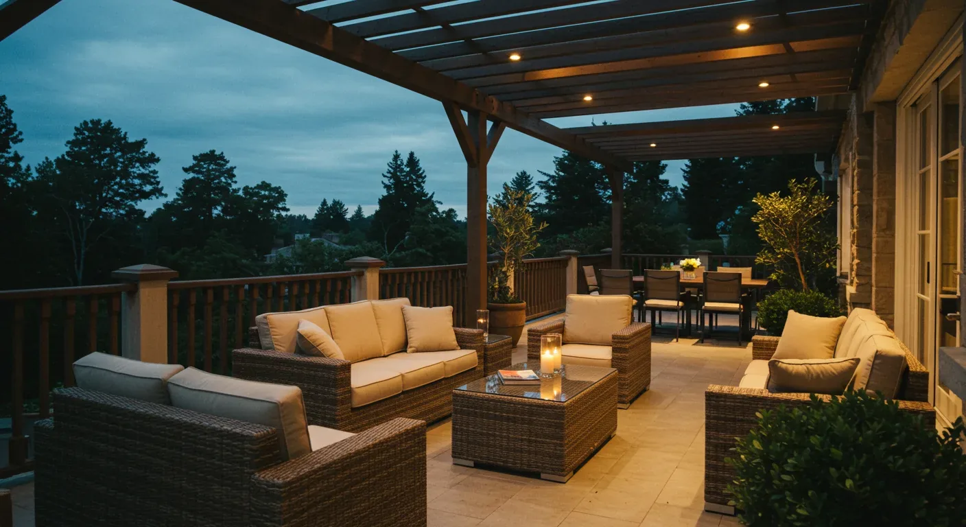An outdoor patio with wicker furniture, beige cushions, a pergola with recessed lighting, and a dining table in the background