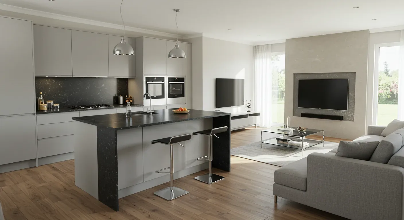 A modern open-concept kitchen and living room with gray cabinetry, black countertops, wood flooring, and minimalist furniture