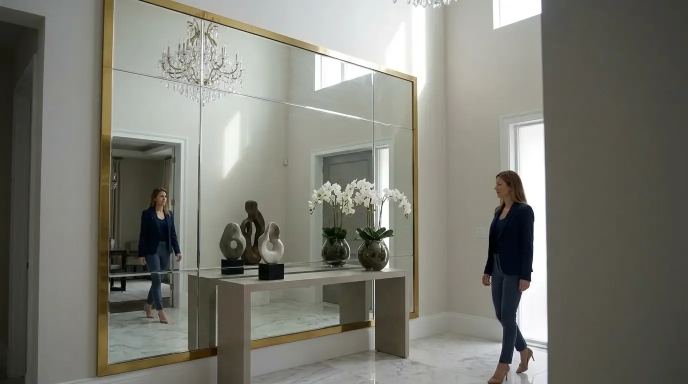 A modern entryway with a large gold-framed mirror, a console table with decorative sculptures and orchids, and a woman standing nearby