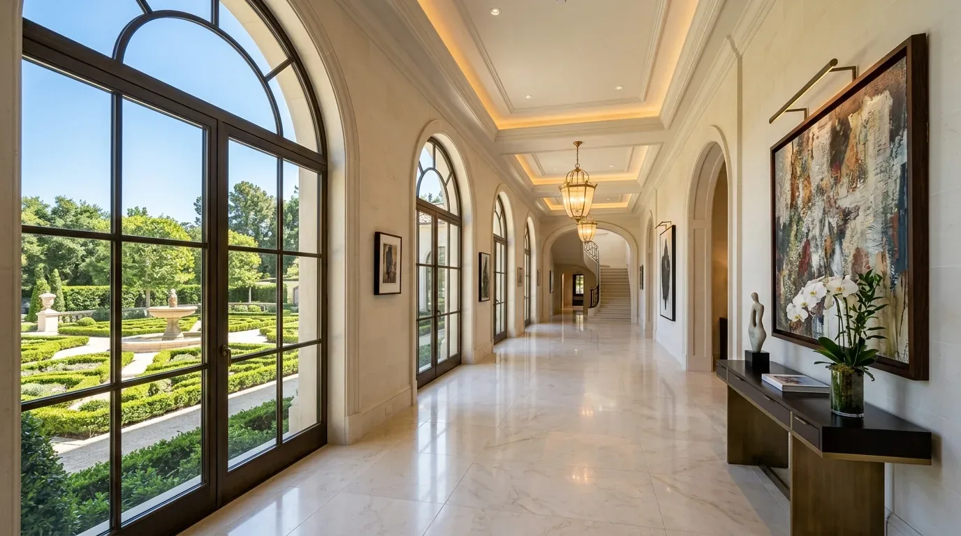 A long, elegant hallway with large arched windows overlooking a manicured garden, marble floors, and decorative lighting fixtures