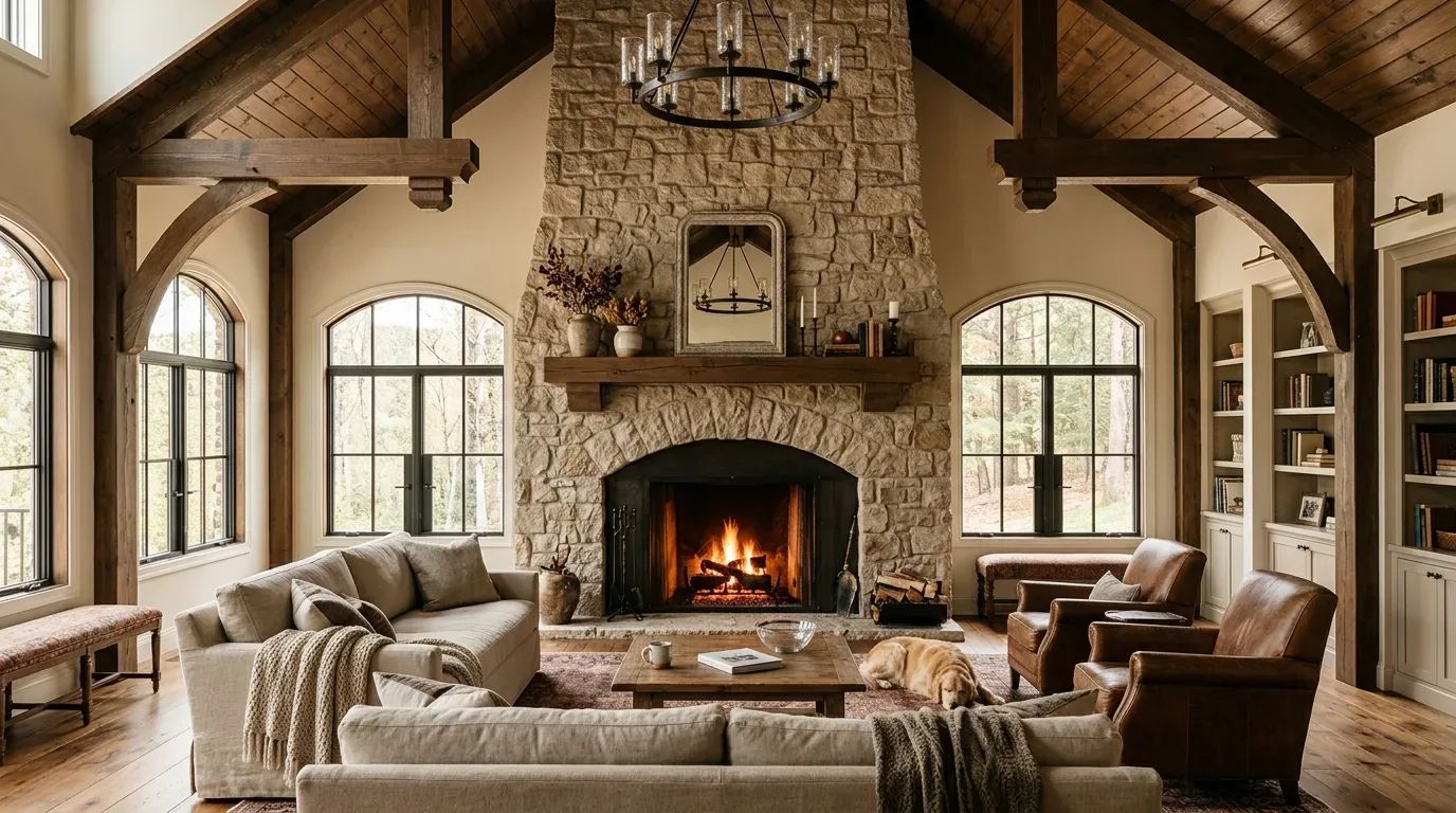 A cozy living room with a large stone fireplace, wooden beams, neutral sofas, leather chairs, and large arched windows