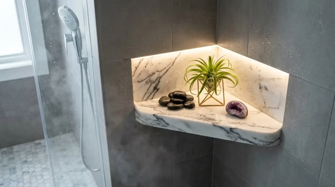 A modern bathroom shower corner with a marble shelf holding decorative stones and a small plant, illuminated by built-in lighting