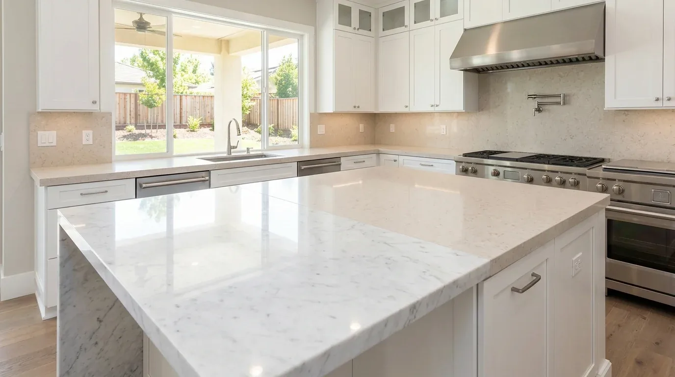 A bright modern kitchen with white cabinetry, a large marble island countertop, stainless steel appliances, and a window overlooking a backyard
