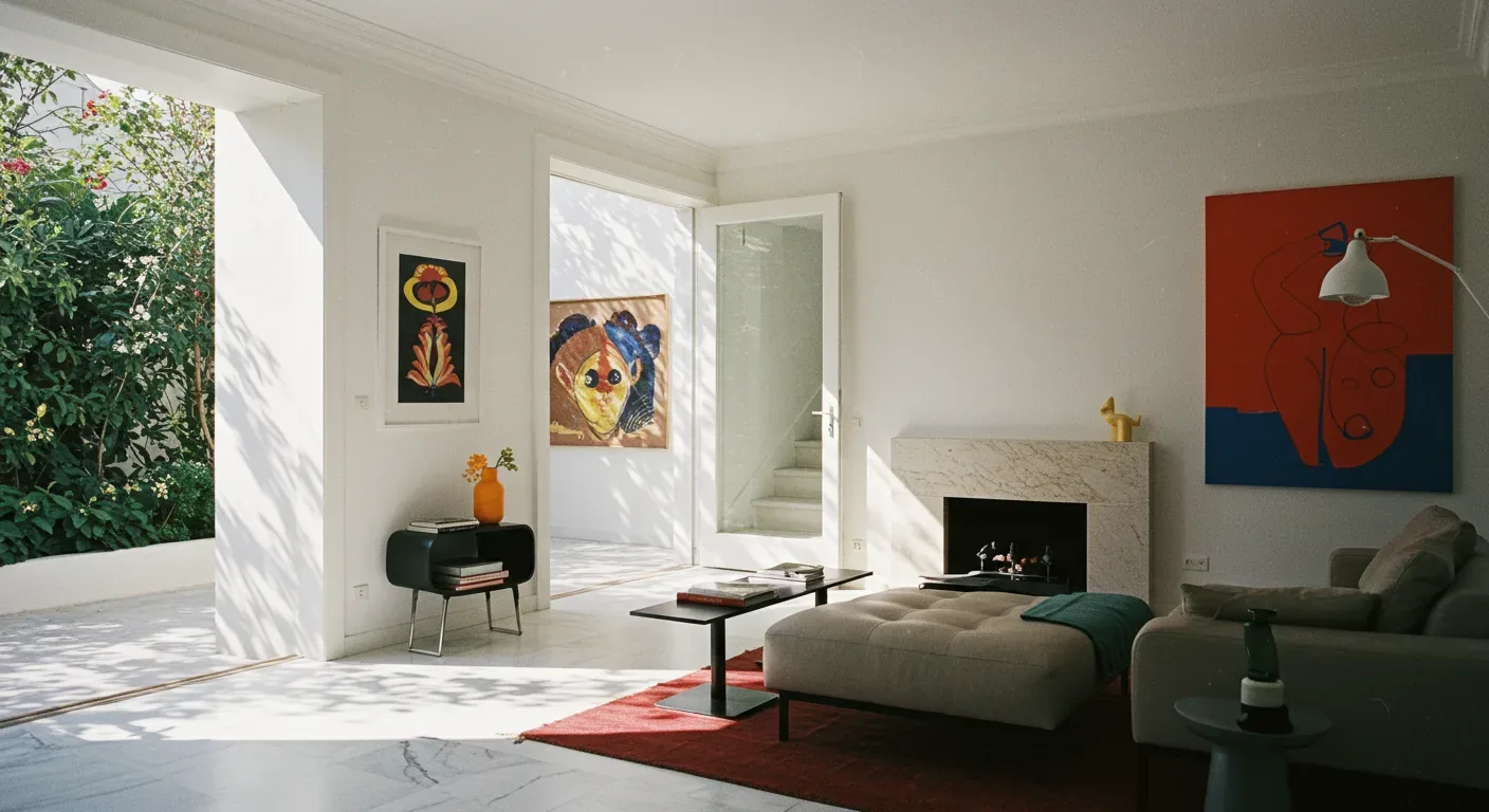 A bright modern living room with large open doorway to a garden, abstract art on walls, a fireplace, and minimalist furniture