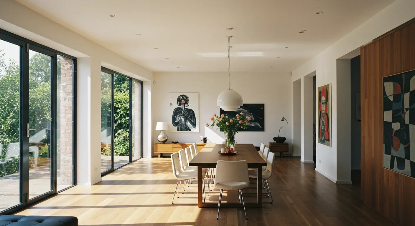 A bright dining room with a long wooden table, white chairs, large windows, and modern art on the walls