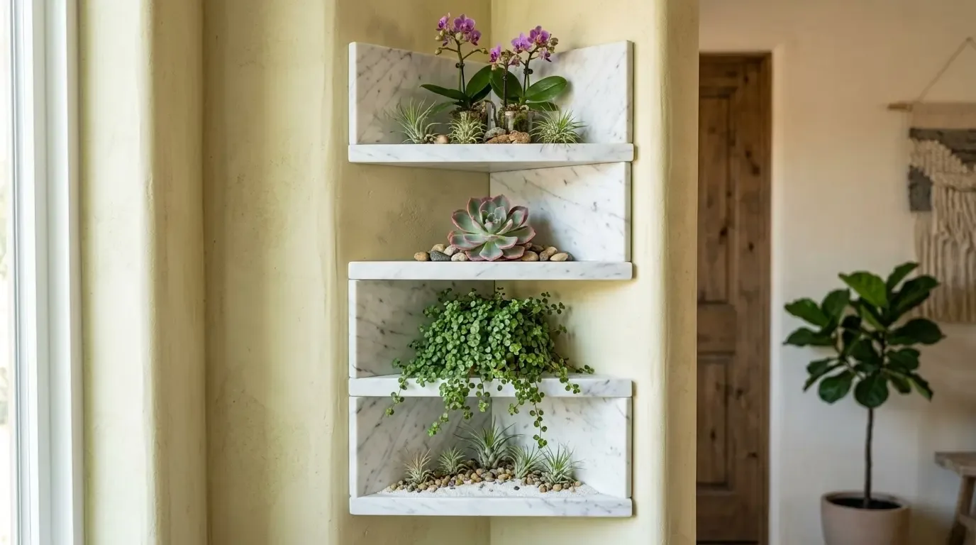 A corner wall with four white marble shelves holding various small plants and succulents, next to a wooden door and a potted plant in a living space