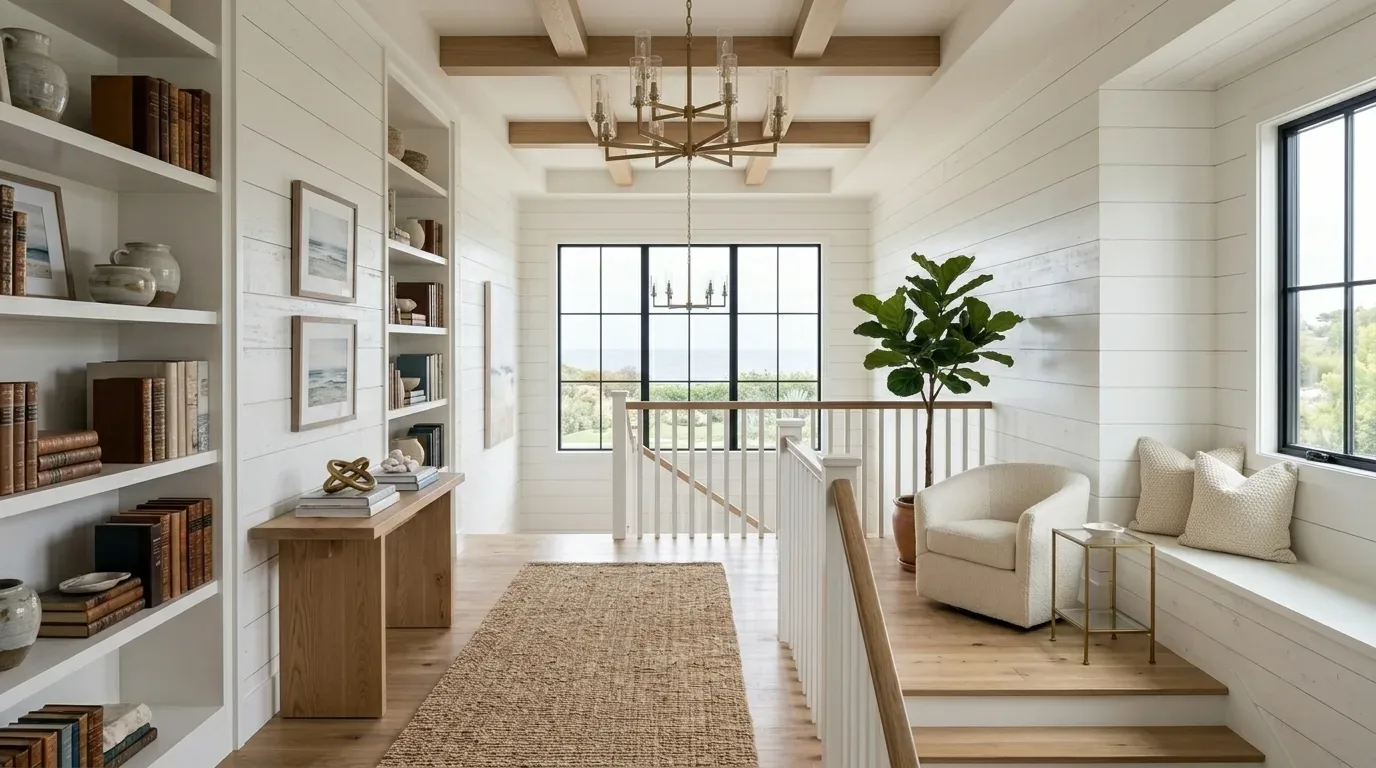 A bright, airy hallway or landing area with built-in bookshelves, a wooden console table, a seating nook with cushions, a single armchair, large windows, and