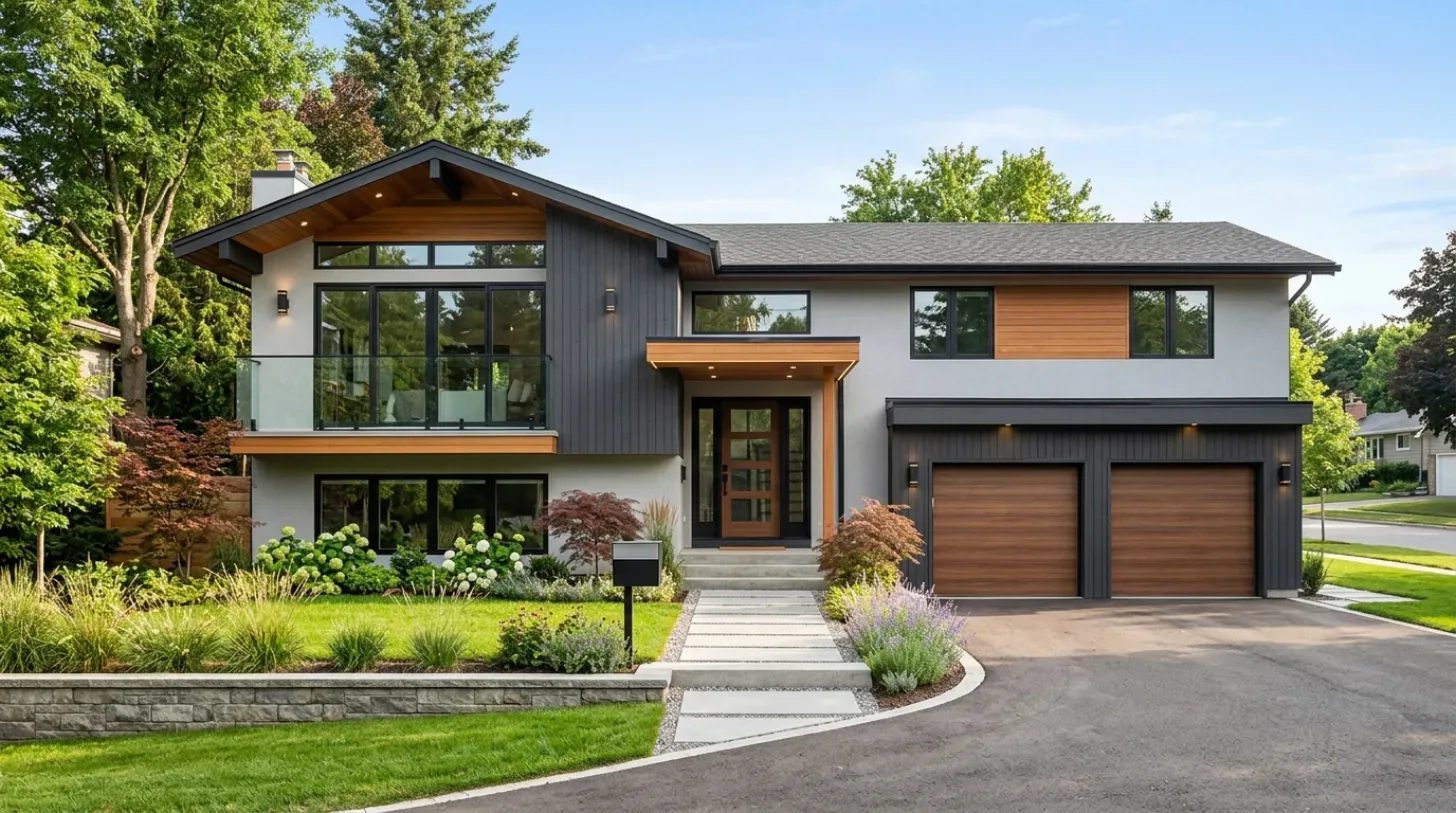 A modern two-story house exterior with a combination of wood and dark paneling, large windows, a double garage, and a landscaped front yard